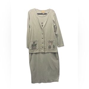 Vintage Blue Cactus Maxi Dress w/Vest Size L Green Long Sleeve Lagenlook‎ Artsy